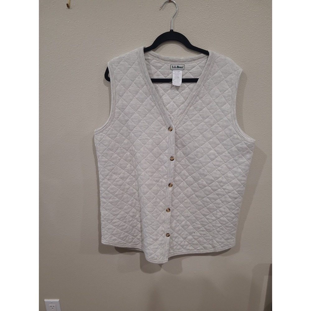L.L.Bean Oatmeal Quilted Button Front Vest Women SZ L Outdooors layer basic gorp